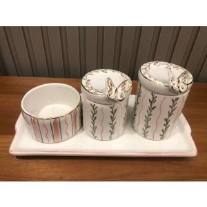 KIT BORBOLETA ROSA DOURADO 4 PECAS CERAMICA PE1407